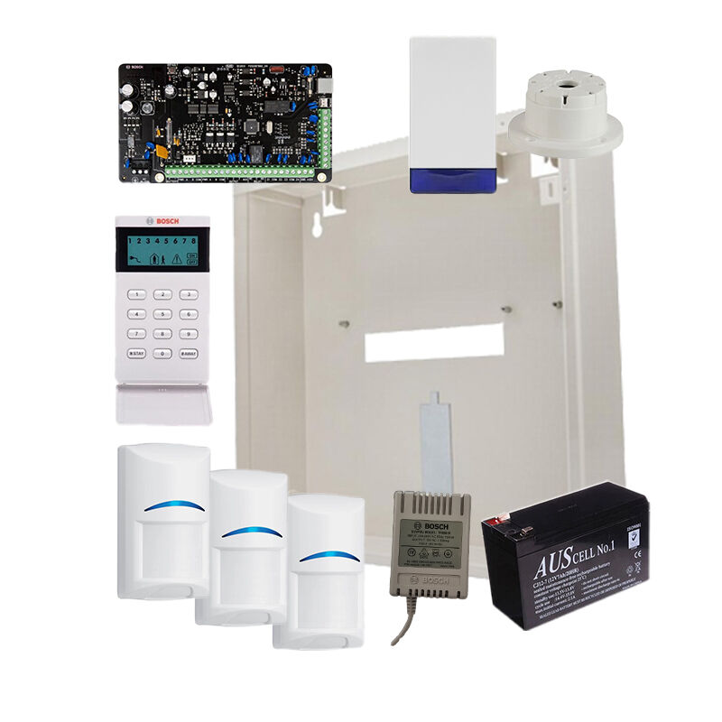 BOSCH 3000 HARDWIRED ALARM KIT INCLUDES 1x SOLUTION 3000 PCB 1x ICON KEYPAD 3x BLUE LINE PIRs 1x MW250 METAL ENCLOSURE 1x 12V7Ah BATTERY 1x 18VAC POWER SUPPLY 1x SLIMLINE STROBE/SIREN 1x SURFACE MOUNTED PIEZO
