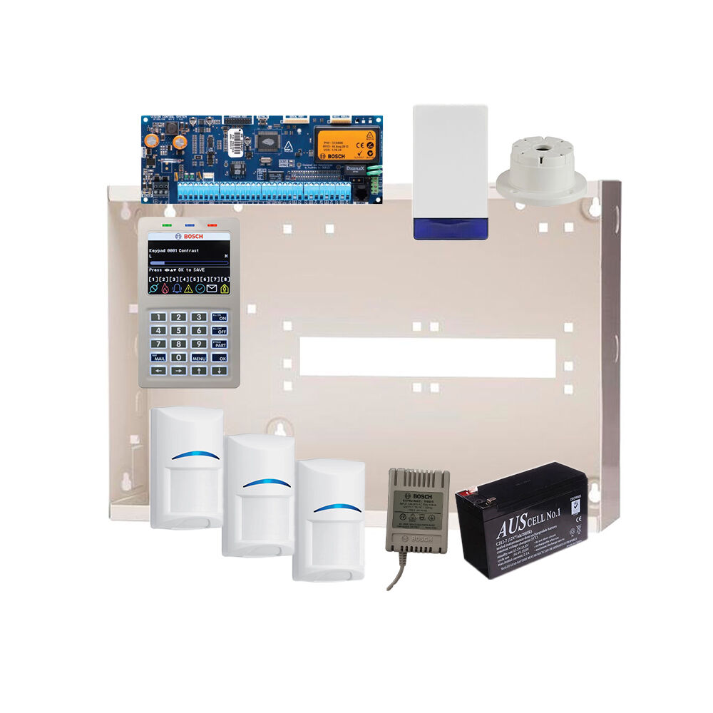 BOSCH 6000 HARDWIRED ALARM KIT INCLUDES 1x SOLUTION 6000 PCB WITH PROX KEYPAD 3x BLUE LINE PIRs 1x MW350 METAL ENCLOSURE 1x 12V7Ah BATTERY 1x 18VAC POWER SUPPLY 1x SLIMLINE STROBE/SIREN 1x SURFACE MOUNTED PIEZO