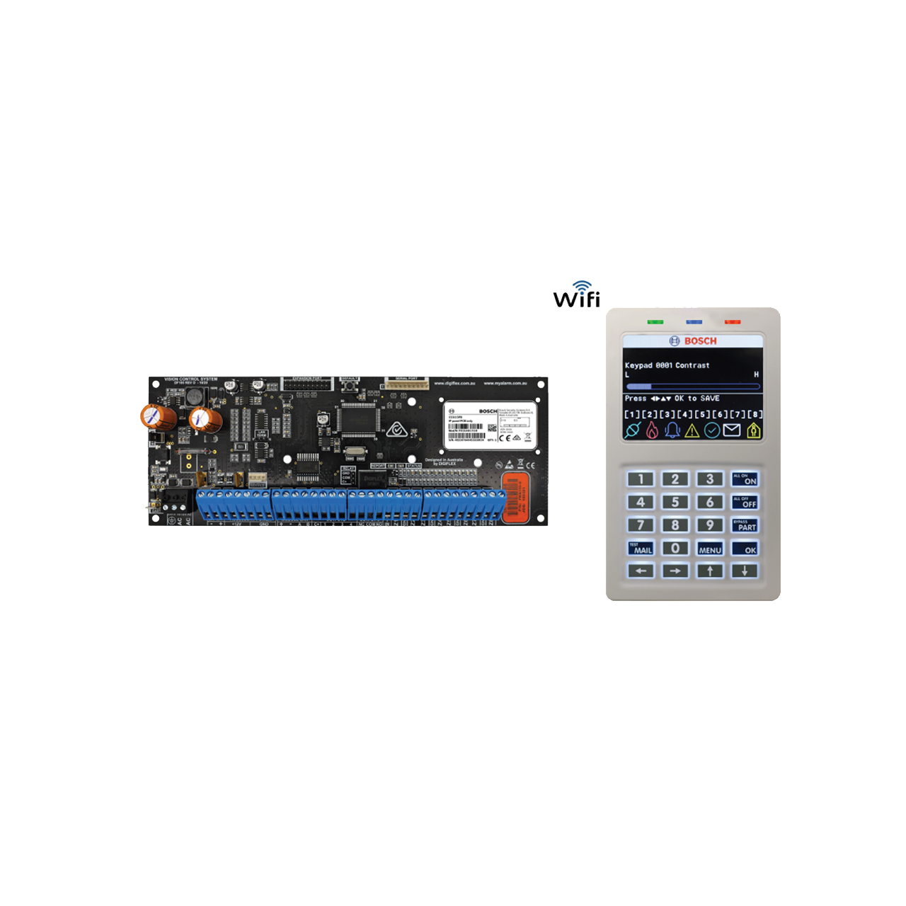 BOSCH SOLUTION 6000 HARDWIRED ALARM PANEL PCB BOARD KIT WITH BUILT-IN IP MODULE AND WI-FI KEYPAD 16 x ZONE EXPANDABLE TO 144 ZONES 5 X OUTPUTS EXPANDABLE TO 37 X OUTPUTS 8 AREAS 990 USERS 16 DOORS 2000 EVENTS PCB ENCLOSURE MOUNT 16-18VAC