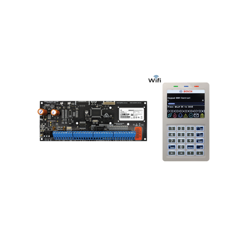 BOSCH SOLUTION 6000 HARDWIRED ALARM PANEL PCB BOARD KIT WITH BUILT-IN IP MODULE AND WI-FI KEYPAD 16 x ZONE EXPANDABLE TO 144 ZONES 5 X OUTPUTS EXPANDABLE TO 37 X OUTPUTS 8 AREAS 990 USERS 16 DOORS 2000 EVENTS PCB ENCLOSURE MOUNT 16-18VAC