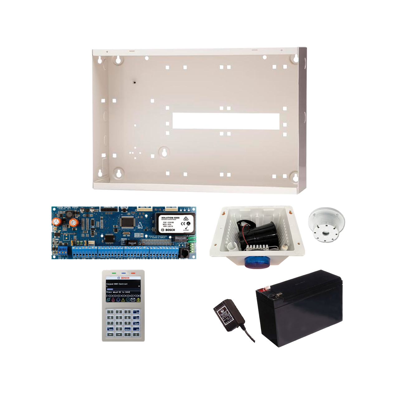 BOSCH 6000 HARDWIRED ALARM KIT INCLUDES 1x SOLUTION 6000 PCB WITH PROX KEYPAD 1x MW350 METAL ENCLOSURE 1x 12V7Ah BATTERY 1x 18VAC POWER SUPPLY 1x STROBE/SIREN/PIEZO NO PIR