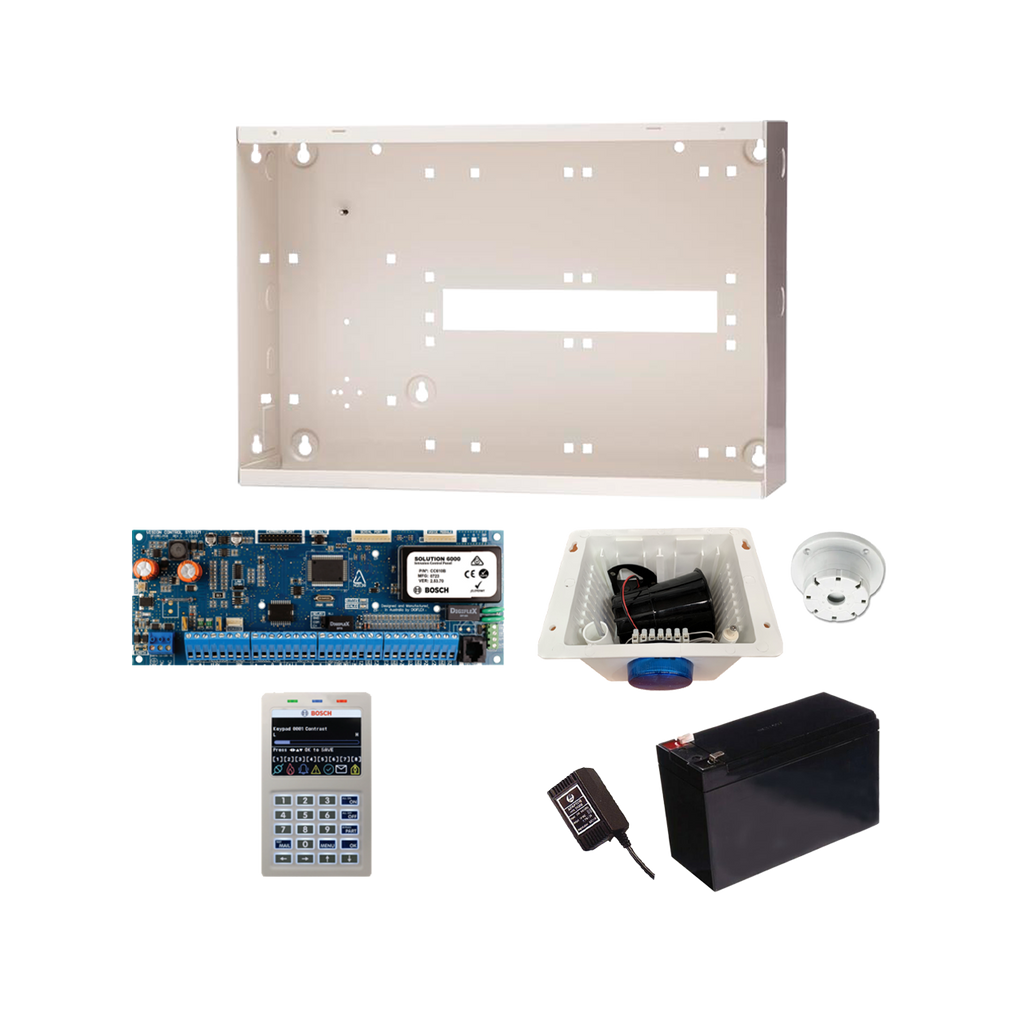 BOSCH 6000 HARDWIRED ALARM KIT INCLUDES 1x SOLUTION 6000 PCB WITH PROX KEYPAD 1x MW350 METAL ENCLOSURE 1x 12V7Ah BATTERY 1x 18VAC POWER SUPPLY 1x STROBE/SIREN/PIEZO NO PIR