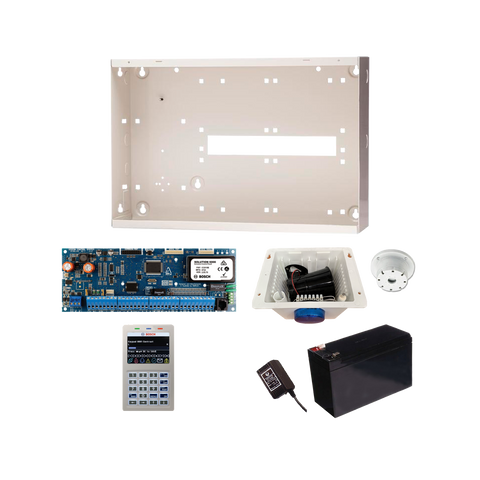 BOSCH 6000 HARDWIRED ALARM KIT INCLUDES 1x SOLUTION 6000 PCB WITH PROX KEYPAD 1x MW350 METAL ENCLOSURE 1x 12V7Ah BATTERY 1x 18VAC POWER SUPPLY 1x STROBE/SIREN/PIEZO NO PIR