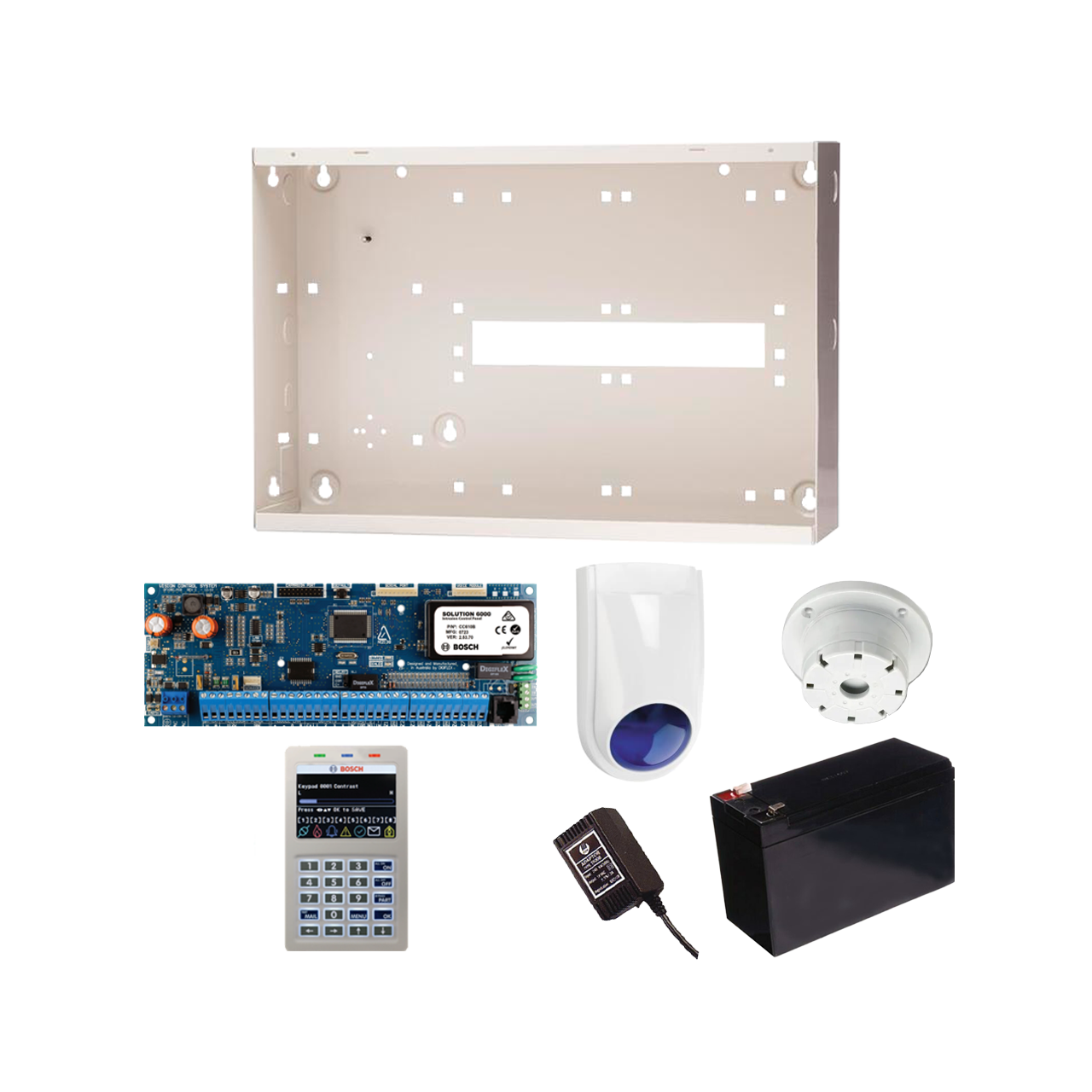 BOSCH 6000 HARDWIRED ALARM KIT INCLUDES 1x SOLUTION 6000 PCB WITH PROX KEYPAD 1x MW350 METAL ENCLOSURE 1x 12V7Ah BATTERY 1x 18VAC POWER SUPPLY 1x SLIMLINE STROBE/SIREN 1x SURFACE MOUNTED PIEZO NO PIR