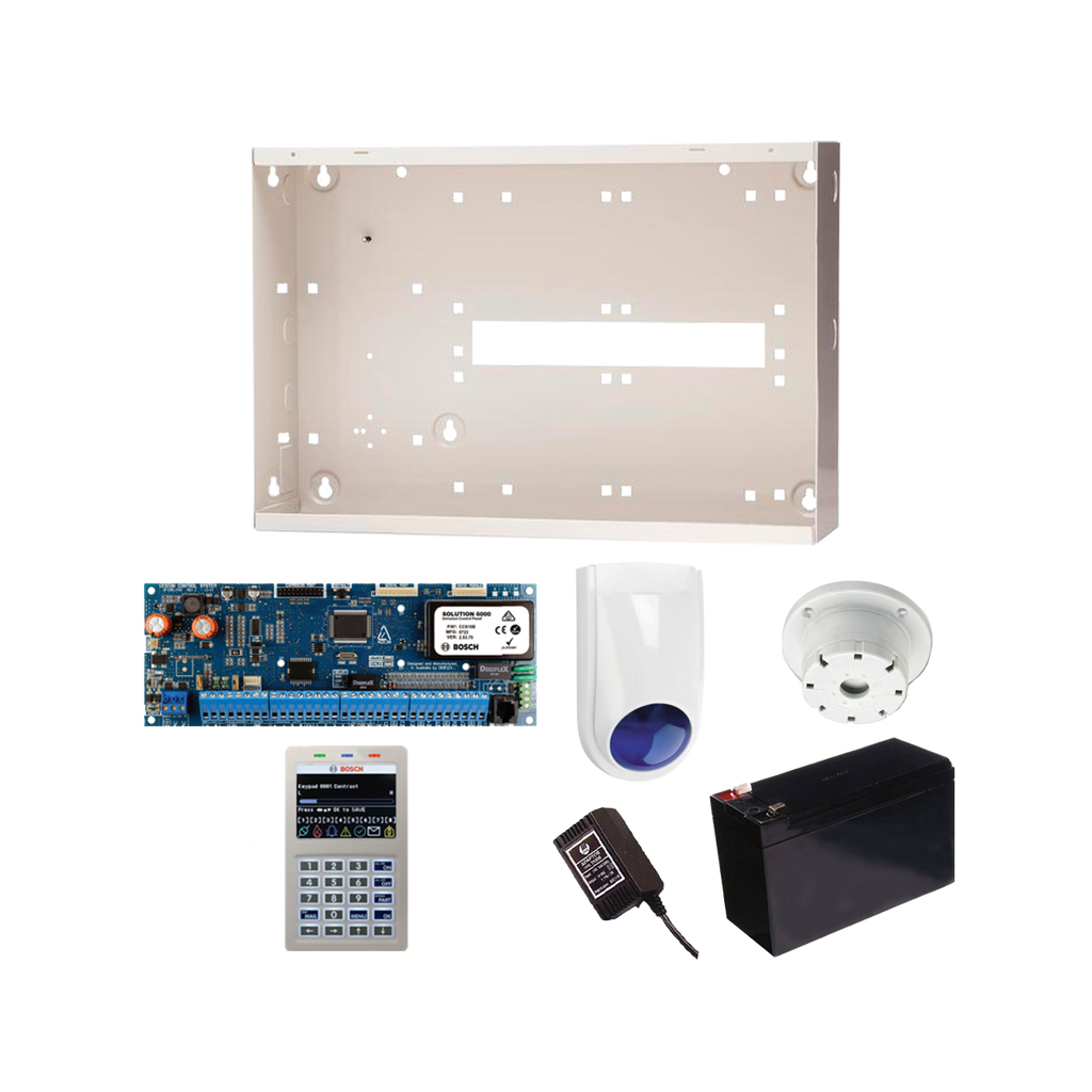 BOSCH 6000 HARDWIRED ALARM KIT INCLUDES 1x SOLUTION 6000 PCB WITH PROX KEYPAD 1x MW350 METAL ENCLOSURE 1x 12V7Ah BATTERY 1x 18VAC POWER SUPPLY 1x SLIMLINE STROBE/SIREN 1x SURFACE MOUNTED PIEZO NO PIR