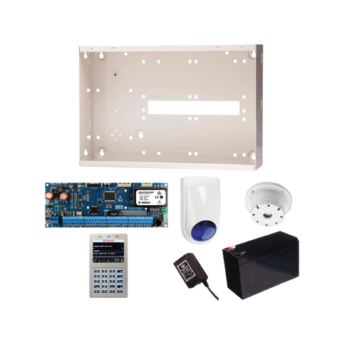 BOSCH 6000 HARDWIRED ALARM KIT INCLUDES 1x SOLUTION 6000 PCB WITH PROX KEYPAD 1x MW350 METAL ENCLOSURE 1x 12V7Ah BATTERY 1x 18VAC POWER SUPPLY 1x SLIMLINE STROBE/SIREN 1x SURFACE MOUNTED PIEZO NO PIR