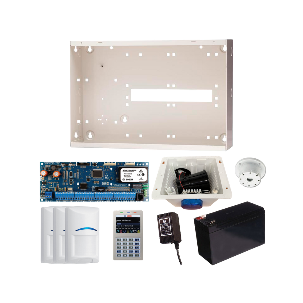 BOSCH 6000 HARDWIRED ALARM KIT INCLUDES 1x SOLUTION 6000 PCB WITH PROX KEYPAD 3x BLUE LINE QUAD PIRs 1x MW350 METAL ENCLOSURE 1x 12V7Ah BATTERY 1x 18VAC POWER SUPPLY 1x STROBE/SIREN/PIEZO