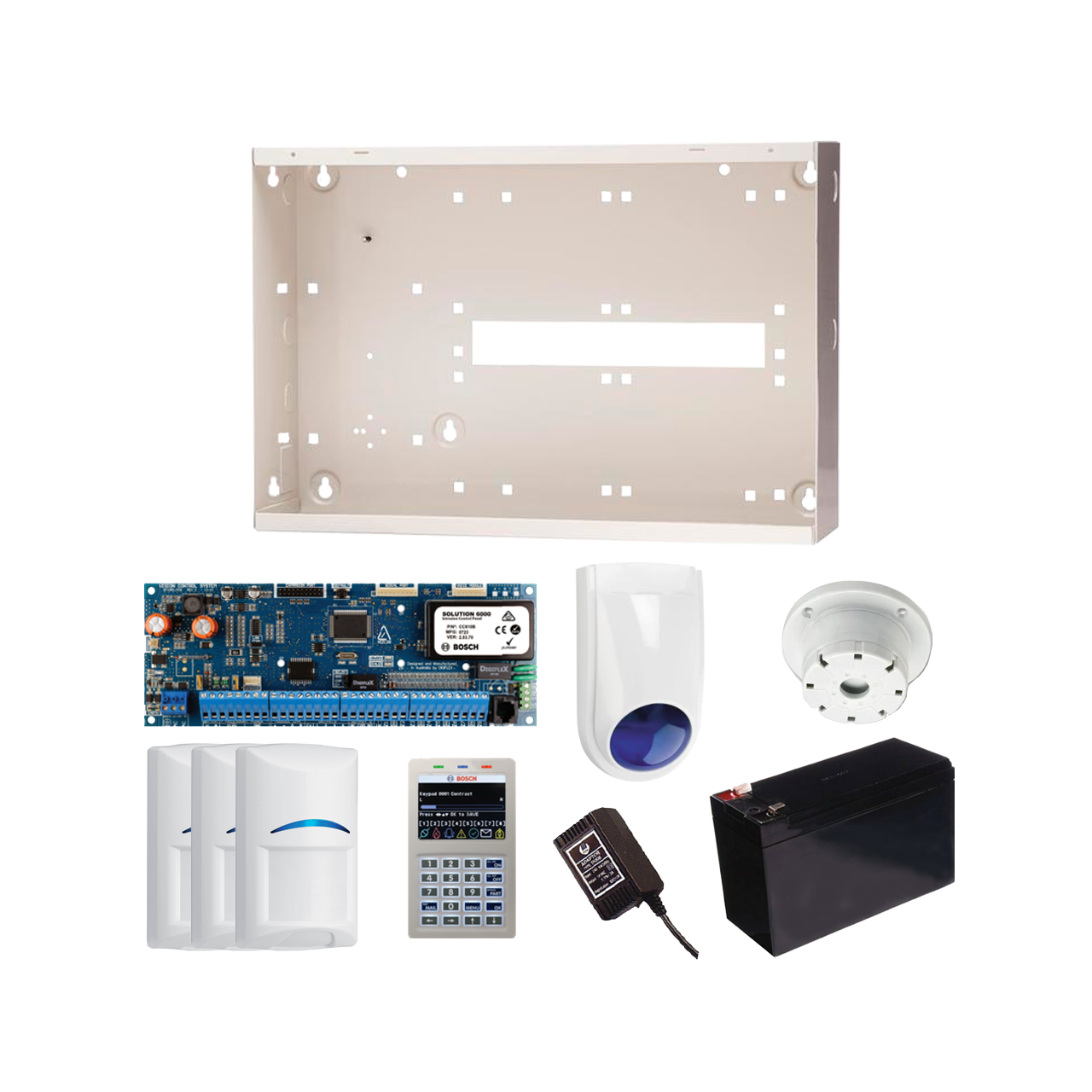 BOSCH 6000 HARDWIRED ALARM KIT INCLUDES 1x SOLUTION 6000 PCB WITH PROX KEYPAD 3x BLUE LINE QUAD PIRs 1x MW350 METAL ENCLOSURE 1x 12V7Ah BATTERY 1x 18VAC POWER SUPPLY 1x SLIMLINE STROBE/SIREN 1x SURFACE MOUNTED PIEZO