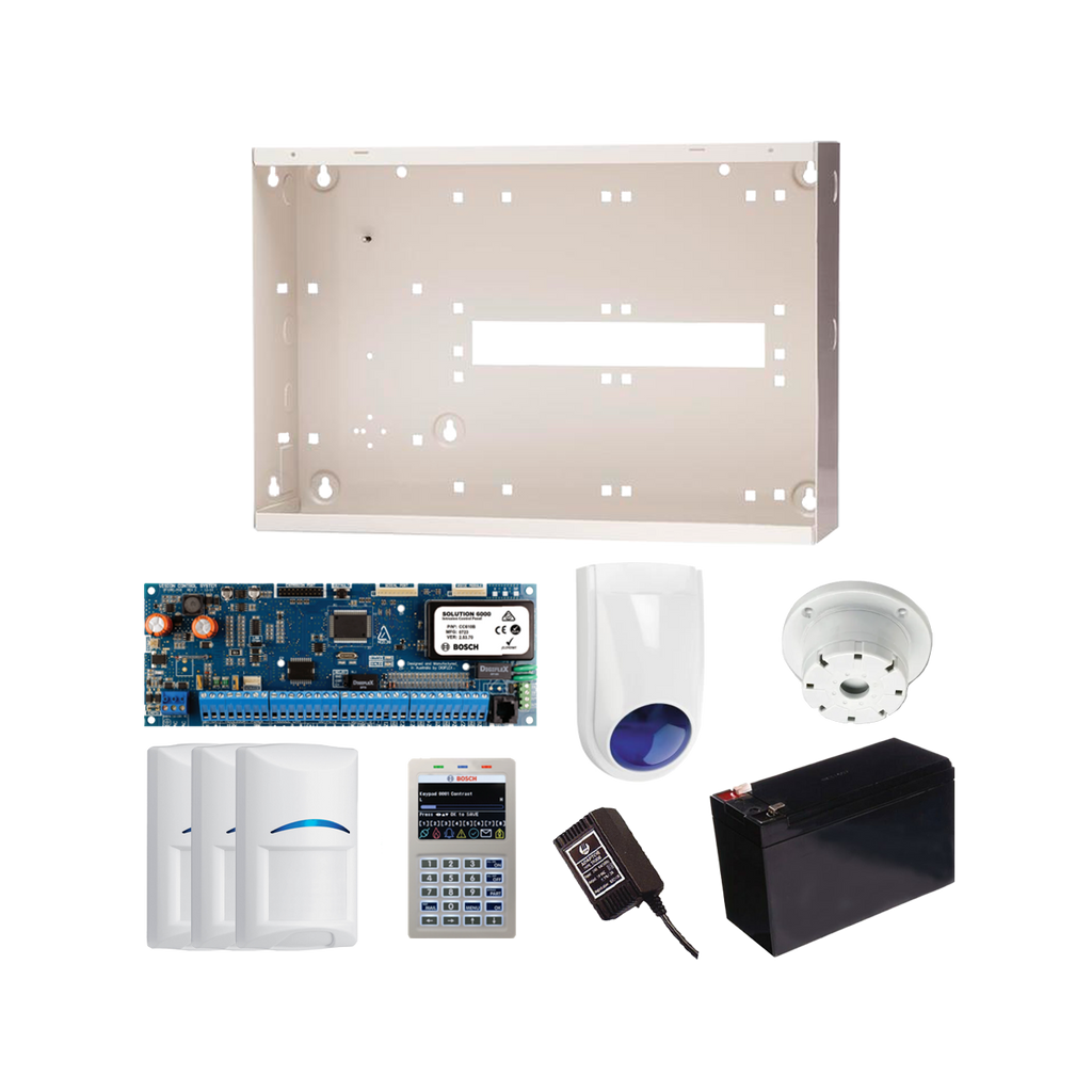 BOSCH 6000 HARDWIRED ALARM KIT INCLUDES 1x SOLUTION 6000 PCB WITH PROX KEYPAD 3x BLUE LINE QUAD PIRs 1x MW350 METAL ENCLOSURE 1x 12V7Ah BATTERY 1x 18VAC POWER SUPPLY 1x SLIMLINE STROBE/SIREN 1x SURFACE MOUNTED PIEZO