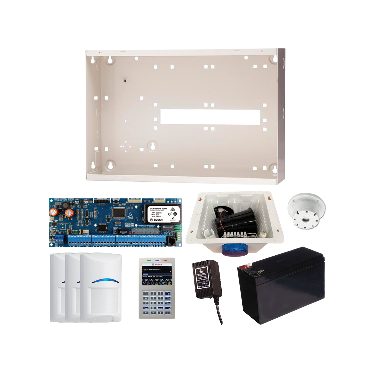 BOSCH 6000 HARDWIRED ALARM KIT INCLUDES 1x SOLUTION 6000 PCB WITH PROX KEYPAD 3x BLUE LINE TRITECH PET PIRs 1x MW350 METAL ENCLOSURE 1x 12V7Ah BATTERY 1x 18VAC POWER SUPPLY 1x STROBE/SIREN/PIEZO