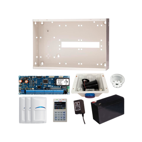 BOSCH 6000 HARDWIRED ALARM KIT INCLUDES 1x SOLUTION 6000 PCB WITH PROX KEYPAD 3x BLUE LINE TRITECH PET PIRs 1x MW350 METAL ENCLOSURE 1x 12V7Ah BATTERY 1x 18VAC POWER SUPPLY 1x STROBE/SIREN/PIEZO