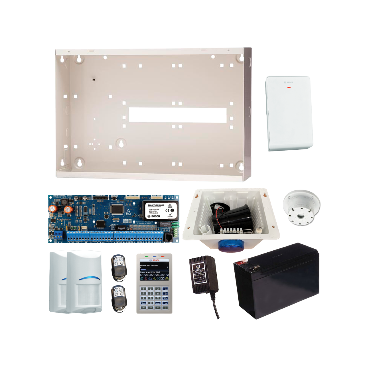 BOSCH 6000 HARDWIRED ALARM KIT INCLUDES 1x SOLUTION 6000 PCB WITH PROX KEYPAD 2x WIRELESS PET PIRs 1x MW350 METAL ENCLOSURE 1x 12V7Ah BATTERY 1x 18VAC POWER SUPPLY 2x PREMIUM 4 BUTTON REMOTES 1x SOLUTION 6000 RADION RECEIVER 1x STROBE/SIREN/PIEZO
