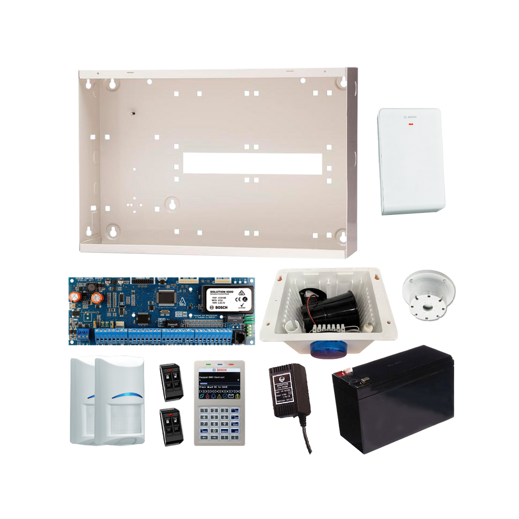 BOSCH 6000 HARDWIRED ALARM KIT INCLUDES 1x SOLUTION 6000 PCB WITH WIFI KEYPAD 2x WIRELESS PET PIRs 1x MW350 METAL ENCLOSURE 1x 12V7Ah BATTERY 1x 18VAC POWER SUPPLY 2x DELUXE 4 BUTTON REMOTES 1x SOLUTION 6000 RADION RECEIVER 1x STROBE/SIREN/PIEZO