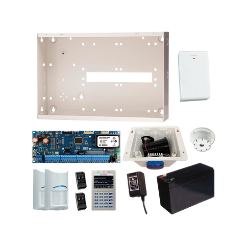 BOSCH 6000 HARDWIRED ALARM KIT INCLUDES 1x SOLUTION 6000 PCB WITH WIFI KEYPAD 2x WIRELESS PET PIRs 1x MW350 METAL ENCLOSURE 1x 12V7Ah BATTERY 1x 18VAC POWER SUPPLY 2x DELUXE 4 BUTTON REMOTES 1x SOLUTION 6000 RADION RECEIVER 1x STROBE/SIREN/PIEZO