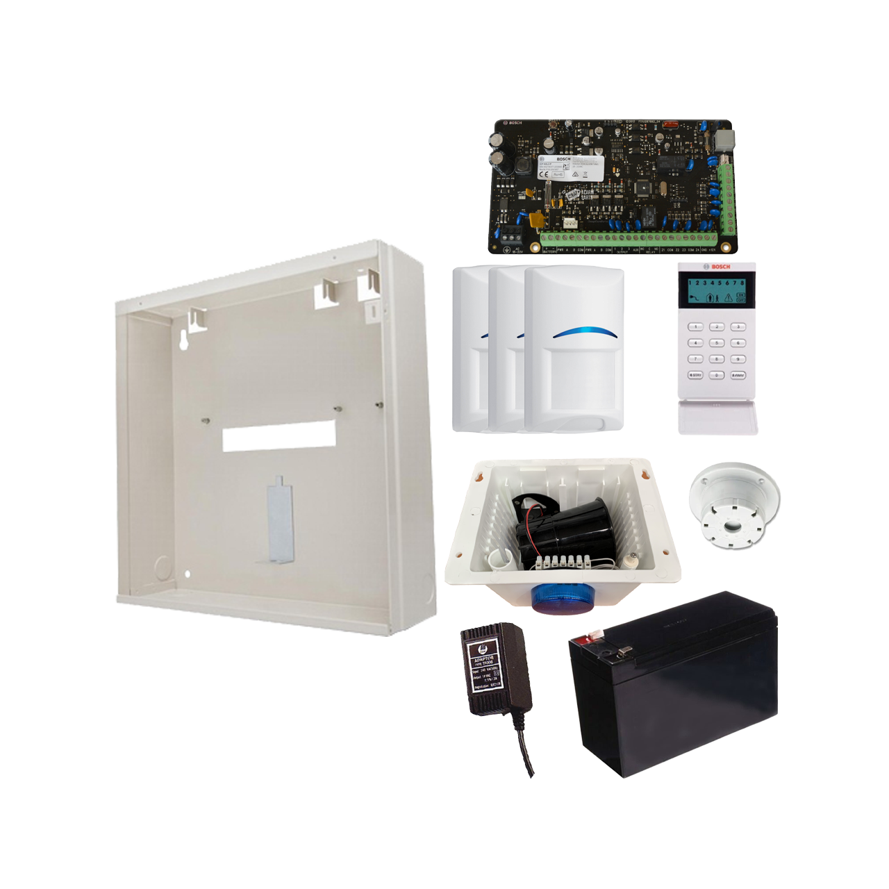 BOSCH 3000 HARDWIRED ALARM KIT INCLUDES 1x SOLUTION 3000 PCB 1x ICON KEYPAD 3x BLUE LINE PIRs 1x MW250 METAL ENCLOSURE 1x 12V7Ah BATTERY 1x 18VAC POWER SUPPLY 1x STROBE/SIREN/PIEZO