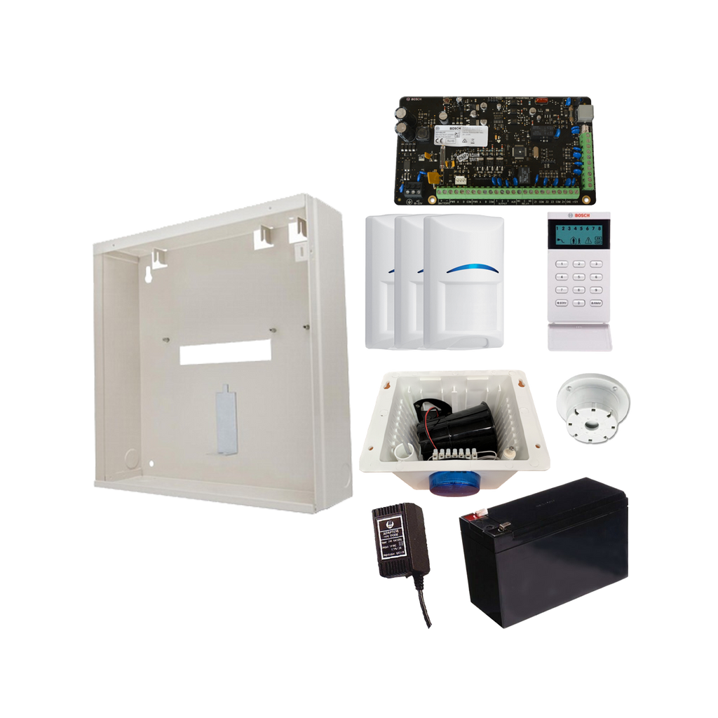 BOSCH 3000 HARDWIRED ALARM KIT INCLUDES 1x SOLUTION 3000 PCB 1x ICON KEYPAD 3x BLUE LINE PIRs 1x MW250 METAL ENCLOSURE 1x 12V7Ah BATTERY 1x 18VAC POWER SUPPLY 1x STROBE/SIREN/PIEZO