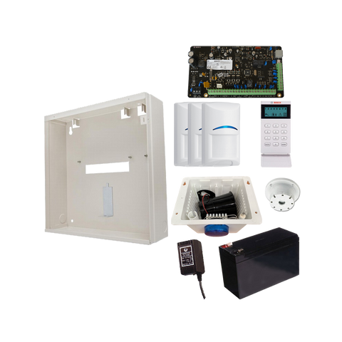 BOSCH 3000 HARDWIRED ALARM KIT INCLUDES 1x SOLUTION 3000 PCB 1x ICON KEYPAD 3x BLUE LINE PIRs 1x MW250 METAL ENCLOSURE 1x 12V7Ah BATTERY 1x 18VAC POWER SUPPLY 1x STROBE/SIREN/PIEZO