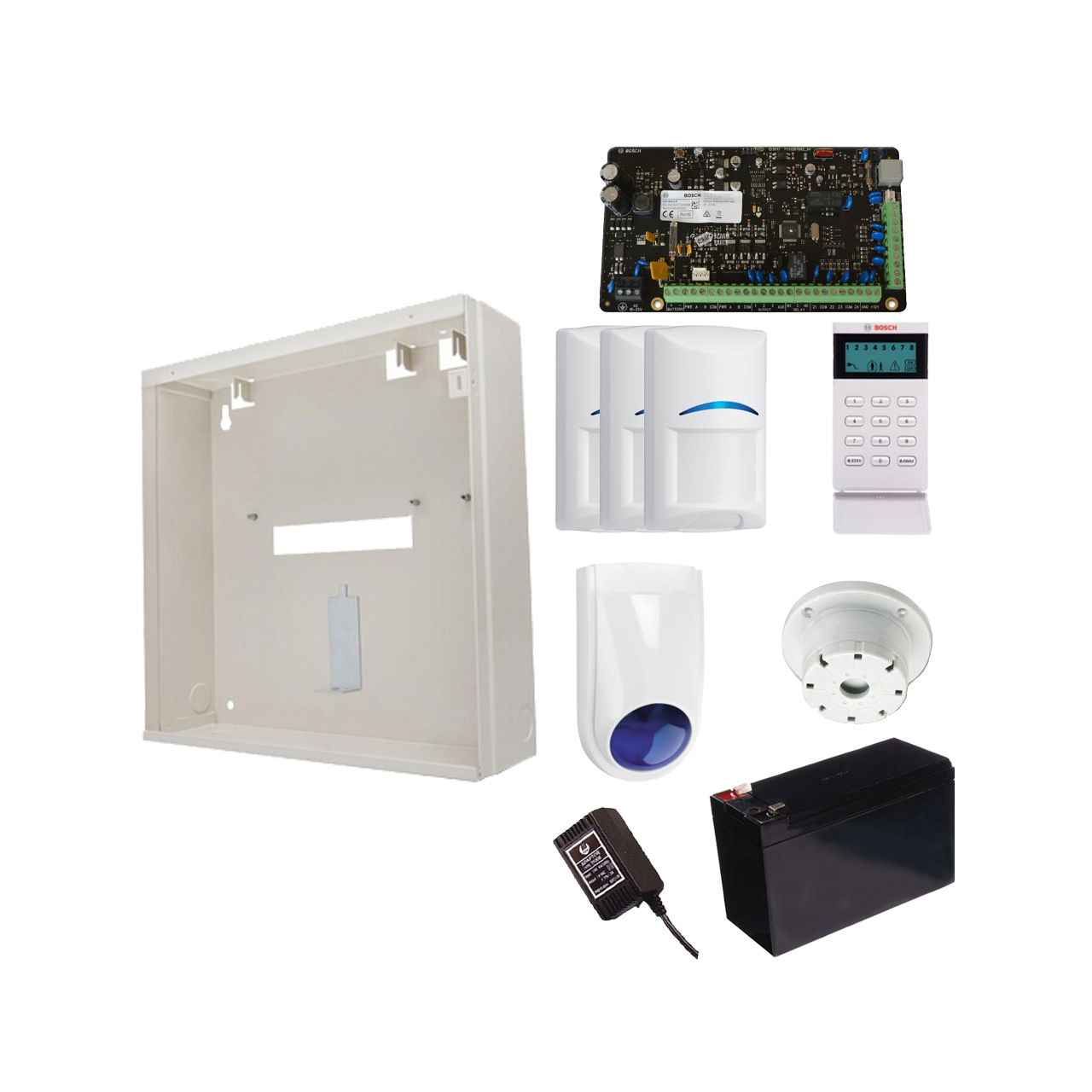 BOSCH 3000 HARDWIRED ALARM KIT INCLUDES 1x SOLUTION 3000 PCB 1x ICON KEYPAD 3x BLUE LINE PIRs 1x MW250 METAL ENCLOSURE 1x 12V7Ah BATTERY 1x 18VAC POWER SUPPLY 1x SLIMLINE STROBE/SIREN 1x SURFACE MOUNTED PIEZO