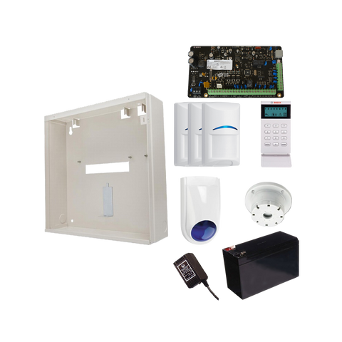 BOSCH 3000 HARDWIRED ALARM KIT INCLUDES 1x SOLUTION 3000 PCB 1x ICON KEYPAD 3x BLUE LINE PIRs 1x MW250 METAL ENCLOSURE 1x 12V7Ah BATTERY 1x 18VAC POWER SUPPLY 1x SLIMLINE STROBE/SIREN 1x SURFACE MOUNTED PIEZO