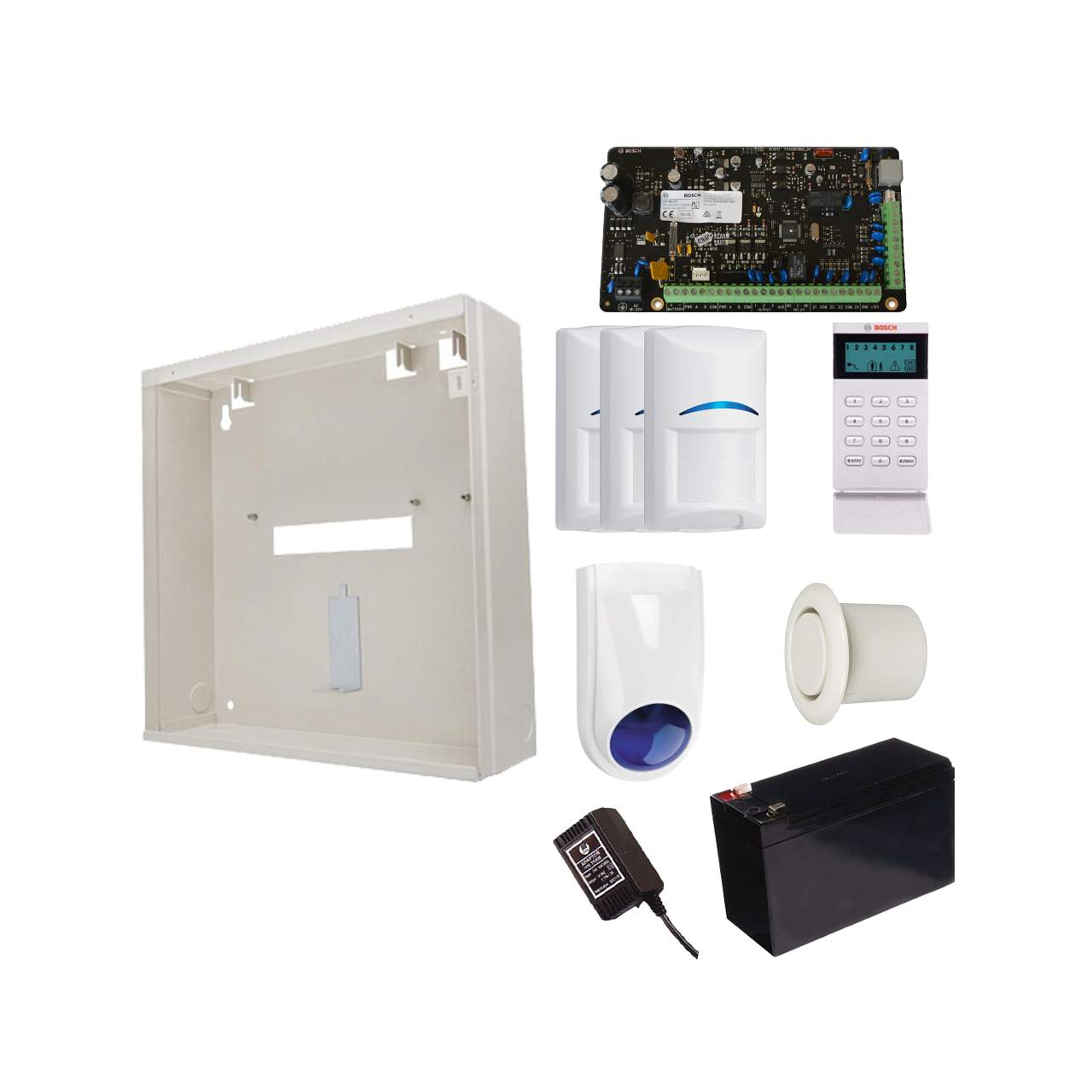 BOSCH 3000 HARDWIRED ALARM KIT INCLUDES 1x SOLUTION 3000 PCB 1x ICON KEYPAD 3x BLUE LINE PIRs 1x MW250 METAL ENCLOSURE 1x 12V7Ah BATTERY 1x 18VAC POWER SUPPLY 1x SLIMLINE STROBE/SIREN 1x RECESSED MOUNTED PIEZO