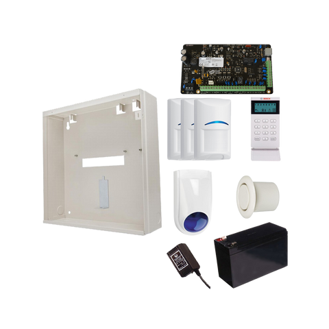 BOSCH 3000 HARDWIRED ALARM KIT INCLUDES 1x SOLUTION 3000 PCB 1x ICON KEYPAD 3x BLUE LINE PIRs 1x MW250 METAL ENCLOSURE 1x 12V7Ah BATTERY 1x 18VAC POWER SUPPLY 1x SLIMLINE STROBE/SIREN 1x RECESSED MOUNTED PIEZO