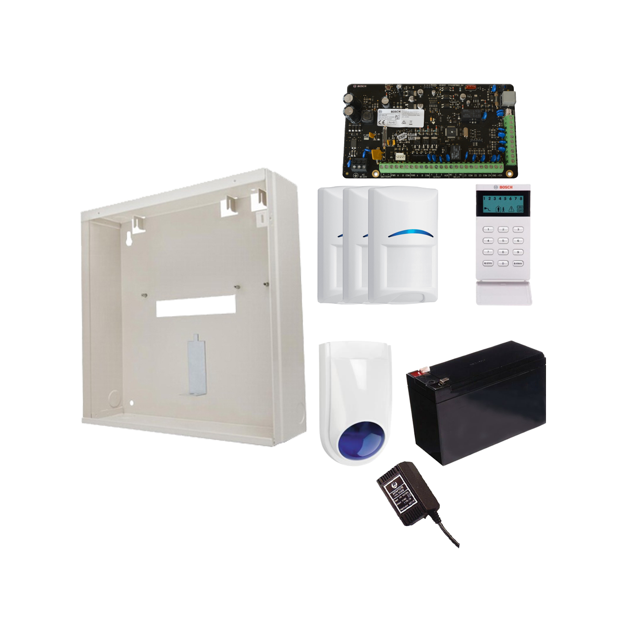 BOSCH 3000 HARDWIRED ALARM KIT INCLUDES 1x SOLUTION 3000 PCB 1x ICON KEYPAD 3x BLUE LINE TRITECH PET PIRs 1x MW250 METAL ENCLOSURE 1x 12V7Ah BATTERY 1x 18VAC POWER SUPPLY 1x SLIMLINE STROBE/SIREN