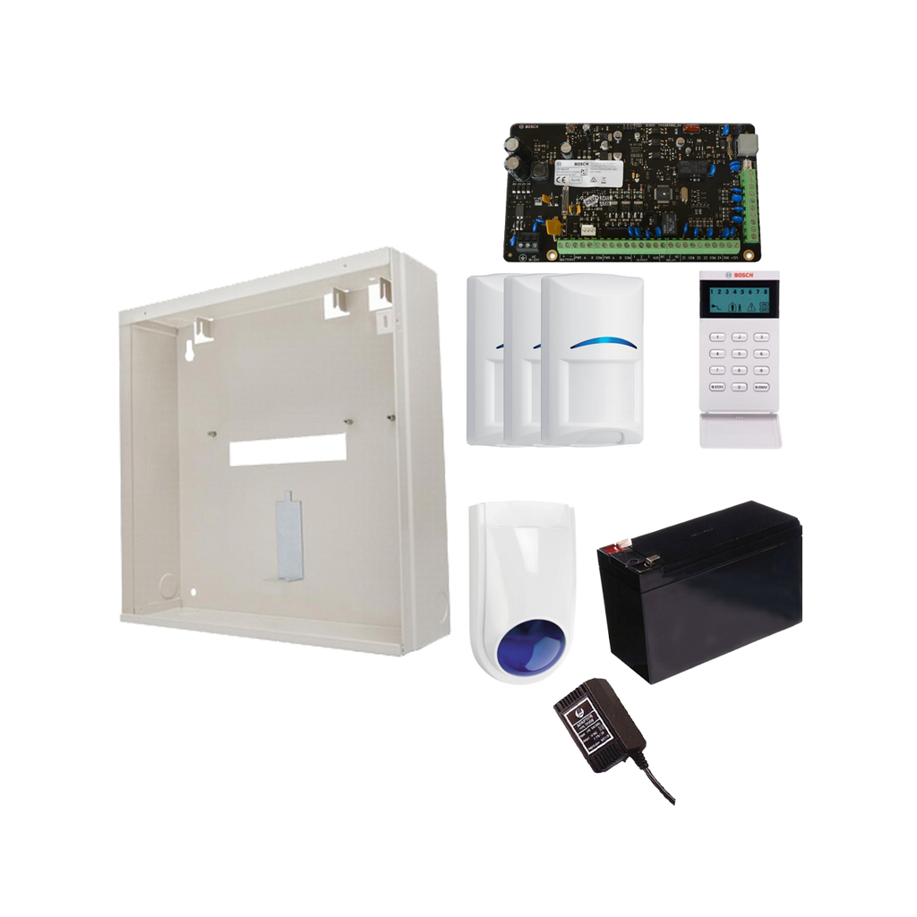 BOSCH 3000 HARDWIRED ALARM KIT INCLUDES 1x SOLUTION 3000 PCB 1x ICON KEYPAD 3x BLUE LINE TRITECH PET PIRs 1x MW250 METAL ENCLOSURE 1x 12V7Ah BATTERY 1x 18VAC POWER SUPPLY 1x SLIMLINE STROBE/SIREN