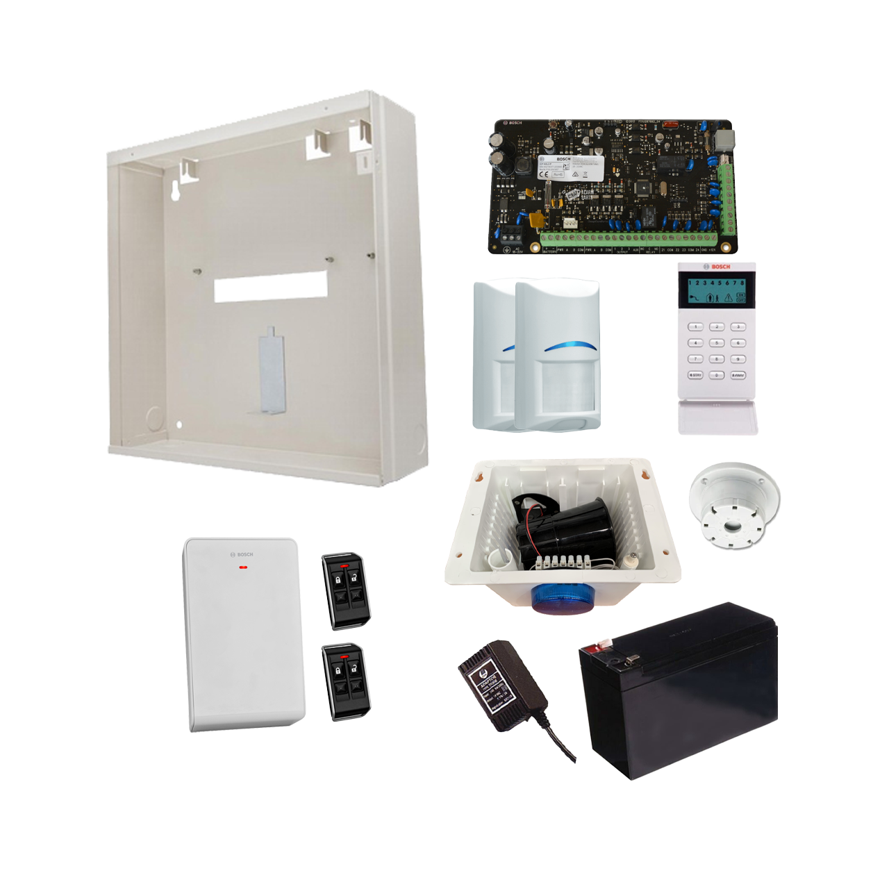 BOSCH 3000 HARDWIRED ALARM KIT INCLUDES 1x SOLUTION 3000 PCB 1x ICON KEYPAD 2x WIRELESS PET PIRs 1x MW250 METAL ENCLOSURE 1x 12V7Ah BATTERY 1x 18VAC POWER SUPPLY 2x DELUXE 4 BUTTON REMOTES 1x SOLUTION 2000/3000 RECEIVER 1x STROBE/SIREN/PIEZO