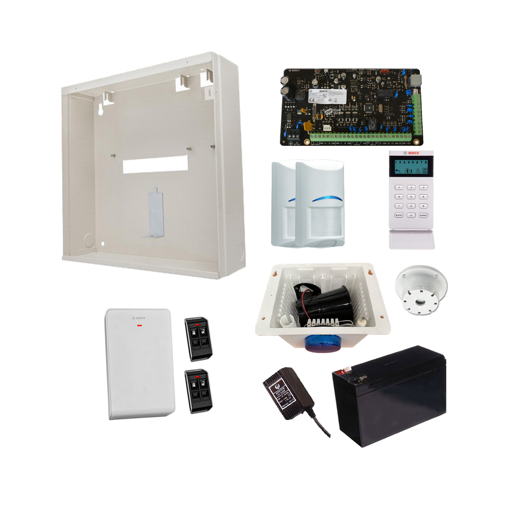 BOSCH 3000 HARDWIRED ALARM KIT INCLUDES 1x SOLUTION 3000 PCB 1x ICON KEYPAD 2x WIRELESS PET PIRs 1x MW250 METAL ENCLOSURE 1x 12V7Ah BATTERY 1x 18VAC POWER SUPPLY 2x DELUXE 4 BUTTON REMOTES 1x SOLUTION 2000/3000 RECEIVER 1x STROBE/SIREN/PIEZO