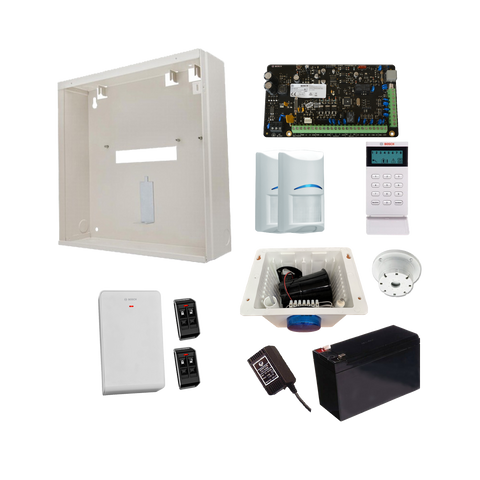 BOSCH 3000 HARDWIRED ALARM KIT INCLUDES 1x SOLUTION 3000 PCB 1x ICON KEYPAD 2x WIRELESS PET PIRs 1x MW250 METAL ENCLOSURE 1x 12V7Ah BATTERY 1x 18VAC POWER SUPPLY 2x DELUXE 4 BUTTON REMOTES 1x SOLUTION 2000/3000 RECEIVER 1x STROBE/SIREN/PIEZO
