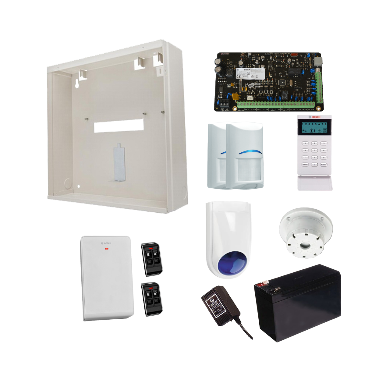 BOSCH 3000 HARDWIRED ALARM KIT INCLUDES 1x SOLUTION 3000 PCB 1x ICON KEYPAD 2x WIRELESS PET PIRs 1x MW250 METAL ENCLOSURE 1x 12V7Ah BATTERY 1x 18VAC POWER SUPPLY 2x DELUXE 4 BUTTON REMOTES 1x SOLUTION 2000/3000 RECEIVER