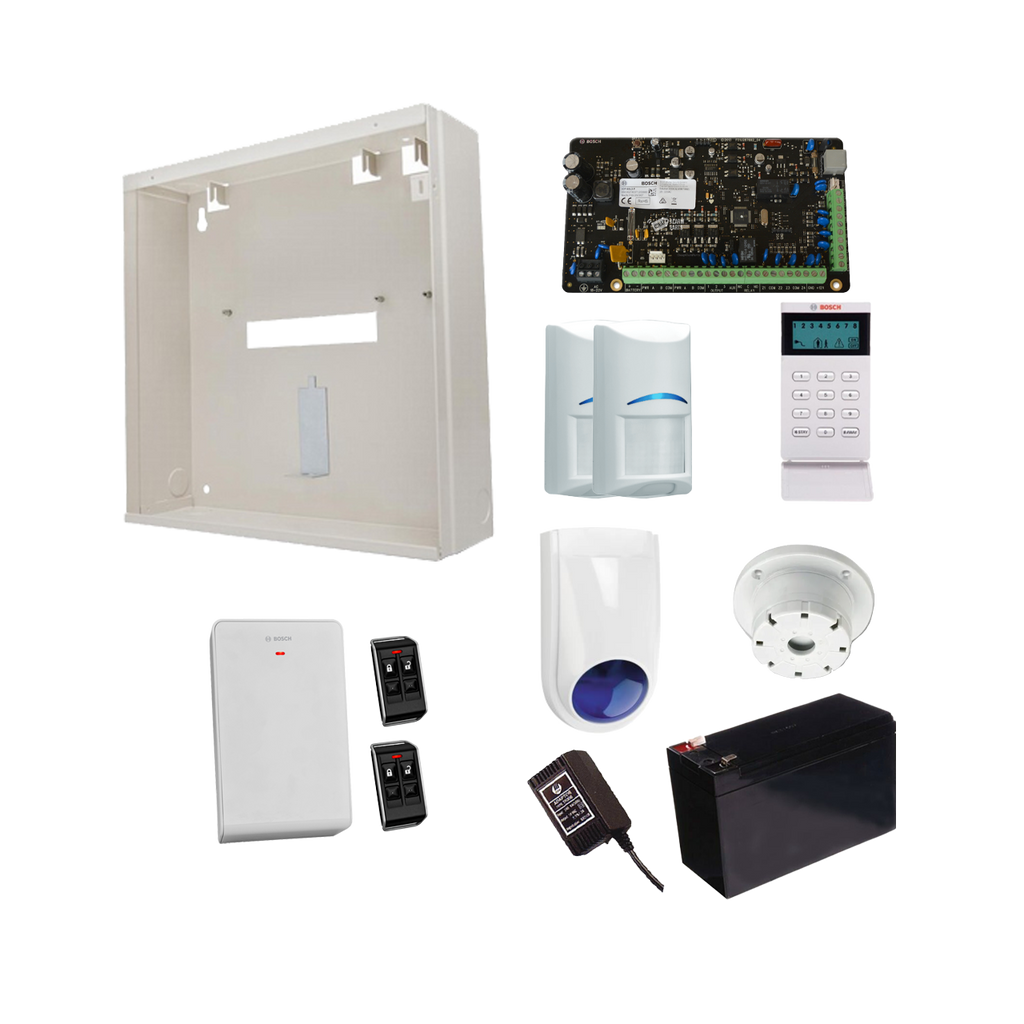 BOSCH 3000 HARDWIRED ALARM KIT INCLUDES 1x SOLUTION 3000 PCB 1x ICON KEYPAD 2x WIRELESS PET PIRs 1x MW250 METAL ENCLOSURE 1x 12V7Ah BATTERY 1x 18VAC POWER SUPPLY 2x DELUXE 4 BUTTON REMOTES 1x SOLUTION 2000/3000 RECEIVER