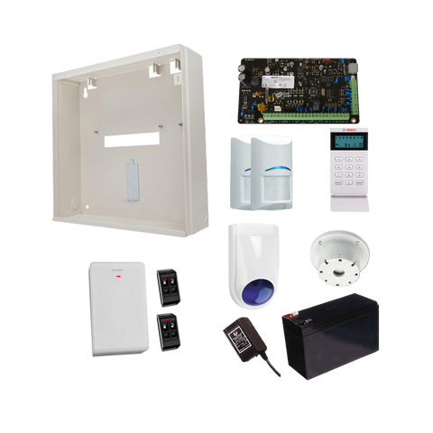 BOSCH 3000 HARDWIRED ALARM KIT INCLUDES 1x SOLUTION 3000 PCB 1x ICON KEYPAD 2x WIRELESS PET PIRs 1x MW250 METAL ENCLOSURE 1x 12V7Ah BATTERY 1x 18VAC POWER SUPPLY 2x DELUXE 4 BUTTON REMOTES 1x SOLUTION 2000/3000 RECEIVER