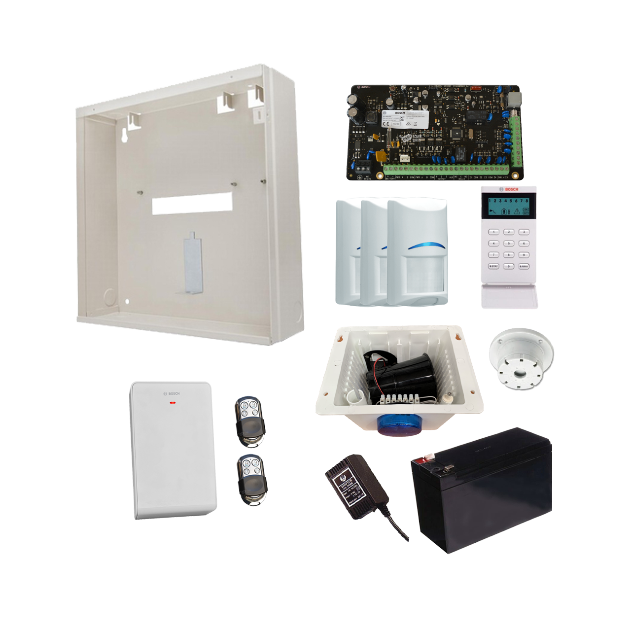 BOSCH 3000 HARDWIRED ALARM KIT INCLUDES 1x SOLUTION 3000 PCB 1x ICON KEYPAD 3x WIRELESS PET PIRs 1x MW250 METAL ENCLOSURE 1x 12V7Ah BATTERY 1x 18VAC POWER SUPPLY 2x PREMIUM 4 BUTTON REMOTES 1x SOLUTION 2000/3000 RECEIVER 1x STROBE/SIREN/PIEZO