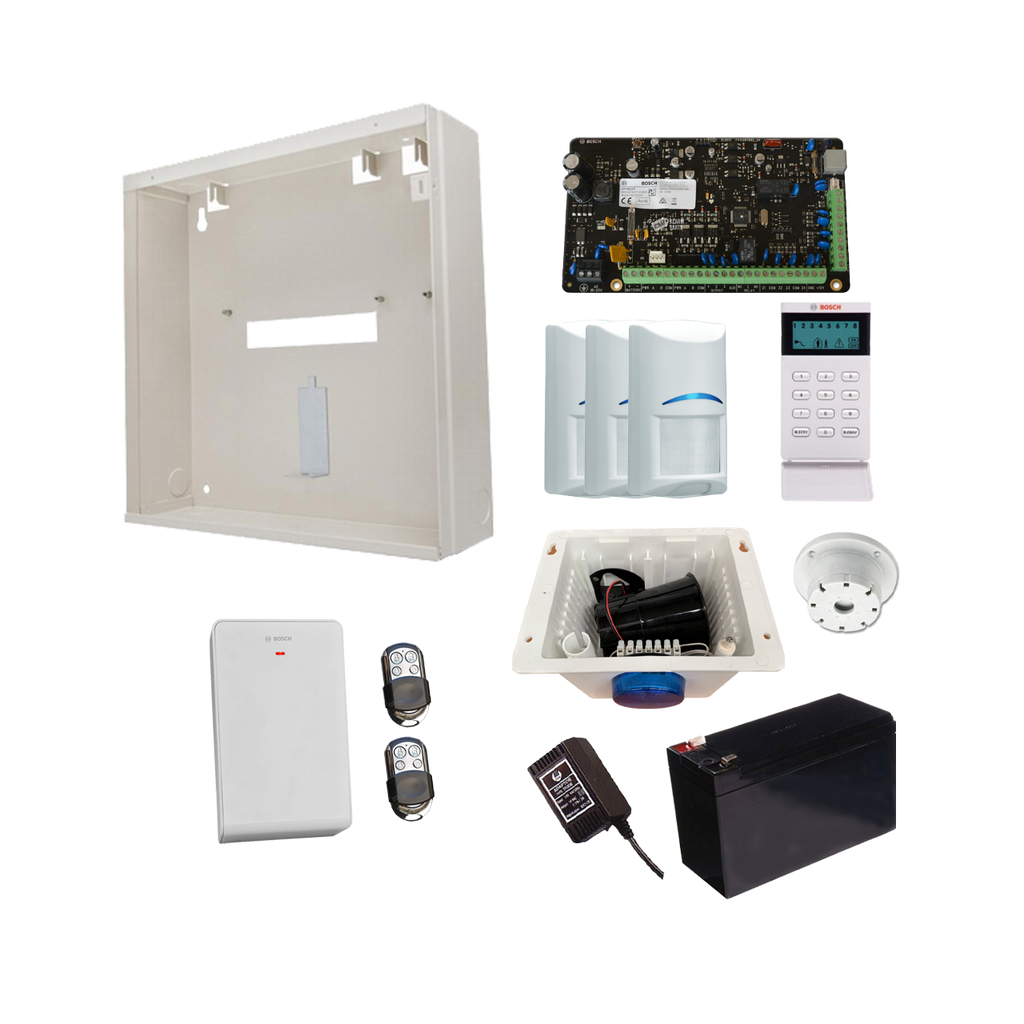 BOSCH 3000 HARDWIRED ALARM KIT INCLUDES 1x SOLUTION 3000 PCB 1x ICON KEYPAD 3x WIRELESS PET PIRs 1x MW250 METAL ENCLOSURE 1x 12V7Ah BATTERY 1x 18VAC POWER SUPPLY 2x PREMIUM 4 BUTTON REMOTES 1x SOLUTION 2000/3000 RECEIVER 1x STROBE/SIREN/PIEZO