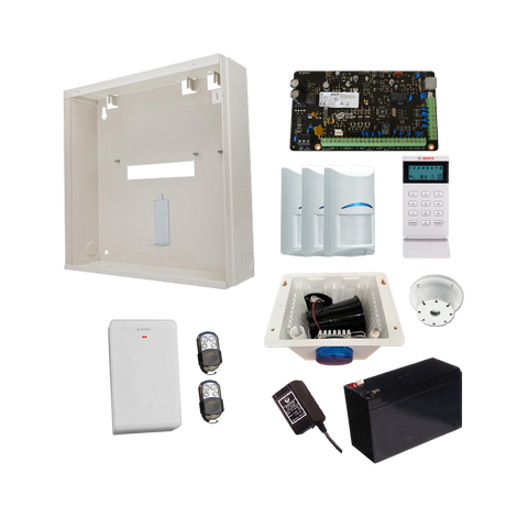 BOSCH 3000 HARDWIRED ALARM KIT INCLUDES 1x SOLUTION 3000 PCB 1x ICON KEYPAD 3x WIRELESS PET PIRs 1x MW250 METAL ENCLOSURE 1x 12V7Ah BATTERY 1x 18VAC POWER SUPPLY 2x PREMIUM 4 BUTTON REMOTES 1x SOLUTION 2000/3000 RECEIVER 1x STROBE/SIREN/PIEZO