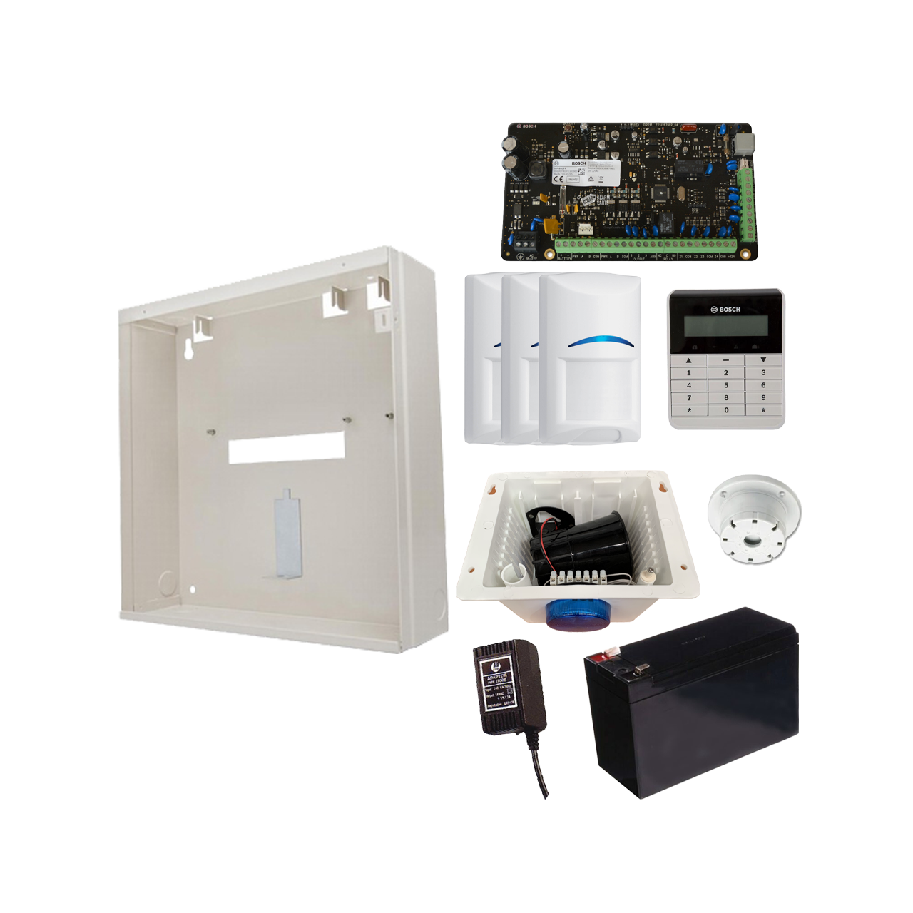 BOSCH 3000 HARDWIRED ALARM KIT INCLUDES 1x SOLUTION 3000 PCB 1x TEXT KEYPAD 3x BLUE LINE PIRs 1x MW250 METAL ENCLOSURE 1x 12V7Ah BATTERY 1x 18VAC POWER SUPPLY 1x STROBE/SIREN/PIEZO