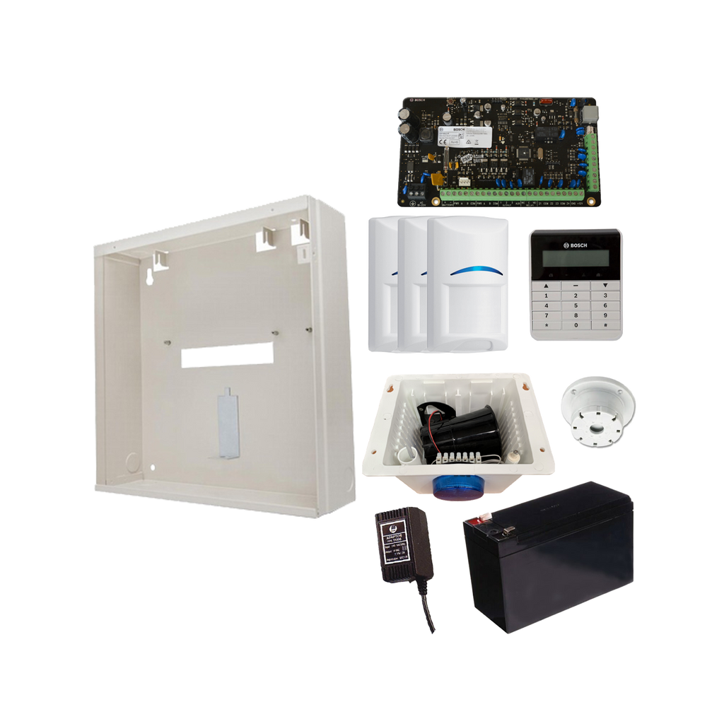 BOSCH 3000 HARDWIRED ALARM KIT INCLUDES 1x SOLUTION 3000 PCB 1x TEXT KEYPAD 3x BLUE LINE PIRs 1x MW250 METAL ENCLOSURE 1x 12V7Ah BATTERY 1x 18VAC POWER SUPPLY 1x STROBE/SIREN/PIEZO