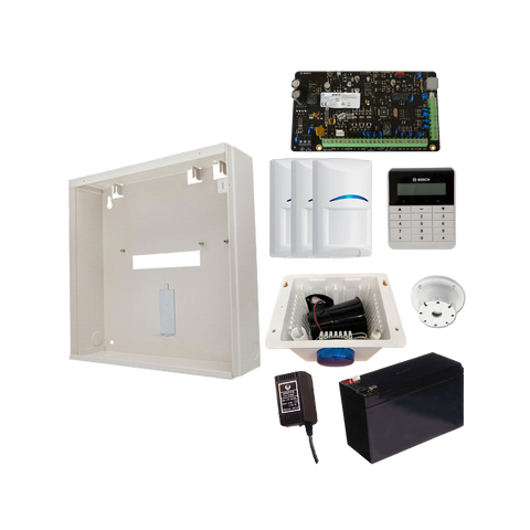 BOSCH 3000 HARDWIRED ALARM KIT INCLUDES 1x SOLUTION 3000 PCB 1x TEXT KEYPAD 3x BLUE LINE PIRs 1x MW250 METAL ENCLOSURE 1x 12V7Ah BATTERY 1x 18VAC POWER SUPPLY 1x STROBE/SIREN/PIEZO