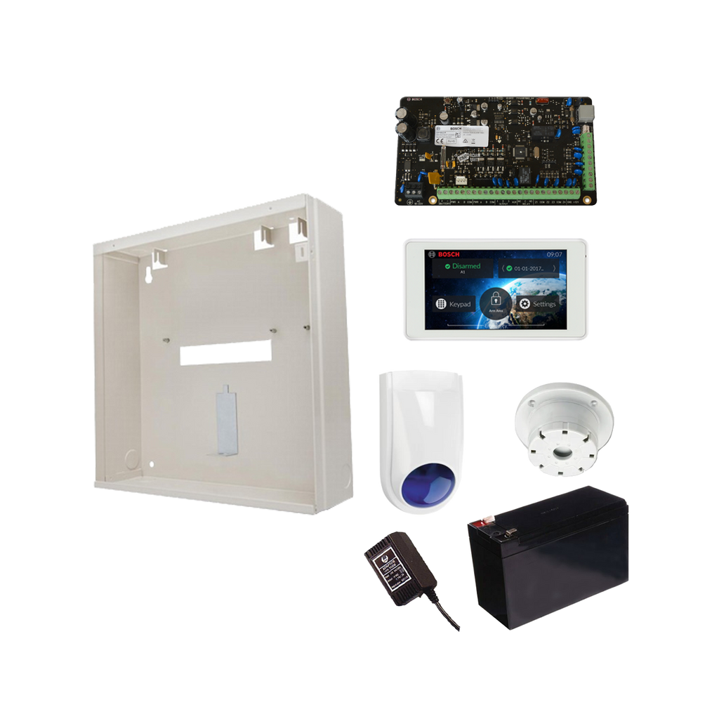 BOSCH 3000 HARDWIRED ALARM KIT INCLUDES 1x SOLUTION 3000 PCB 1x 5" TOUCHSCREEN 1x MW250 METAL ENCLOSURE 1x 12V7Ah BATTERY 1x 18VAC POWER SUPPLY 1x SLIMLINE STROBE/SIREN 1x SURFACE MOUNTED PIEZO NO PIR
