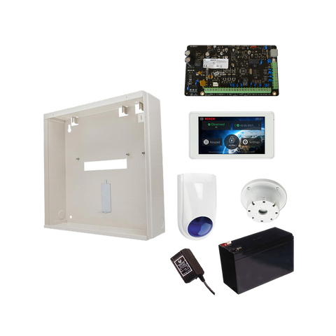 BOSCH 3000 HARDWIRED ALARM KIT INCLUDES 1x SOLUTION 3000 PCB 1x 5" TOUCHSCREEN 1x MW250 METAL ENCLOSURE 1x 12V7Ah BATTERY 1x 18VAC POWER SUPPLY 1x SLIMLINE STROBE/SIREN 1x SURFACE MOUNTED PIEZO NO PIR