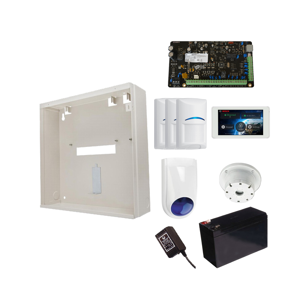 BOSCH 3000 HARDWIRED ALARM KIT INCLUDES 1x SOLUTION 3000 PCB 1x 5" TOUCHSCREEN 3x BLUE LINE TRITECH PET PIRs 1x MW250 METAL ENCLOSURE 1x 12V7Ah BATTERY 1x 18VAC POWER SUPPLY 1x SLIMLINE STROBE/SIREN 1x SURFACE MOUNTED PIEZO
