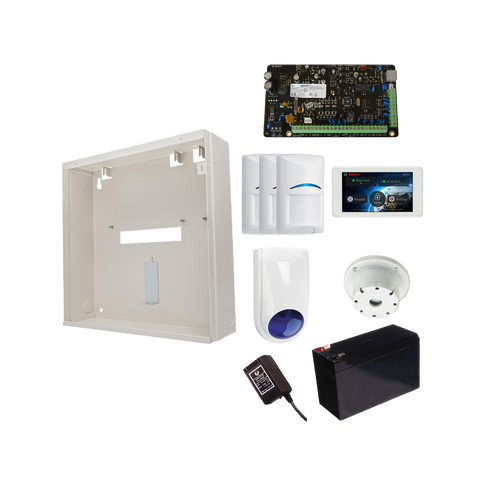 BOSCH 3000 HARDWIRED ALARM KIT INCLUDES 1x SOLUTION 3000 PCB 1x 5" TOUCHSCREEN 3x BLUE LINE TRITECH PET PIRs 1x MW250 METAL ENCLOSURE 1x 12V7Ah BATTERY 1x 18VAC POWER SUPPLY 1x SLIMLINE STROBE/SIREN 1x SURFACE MOUNTED PIEZO