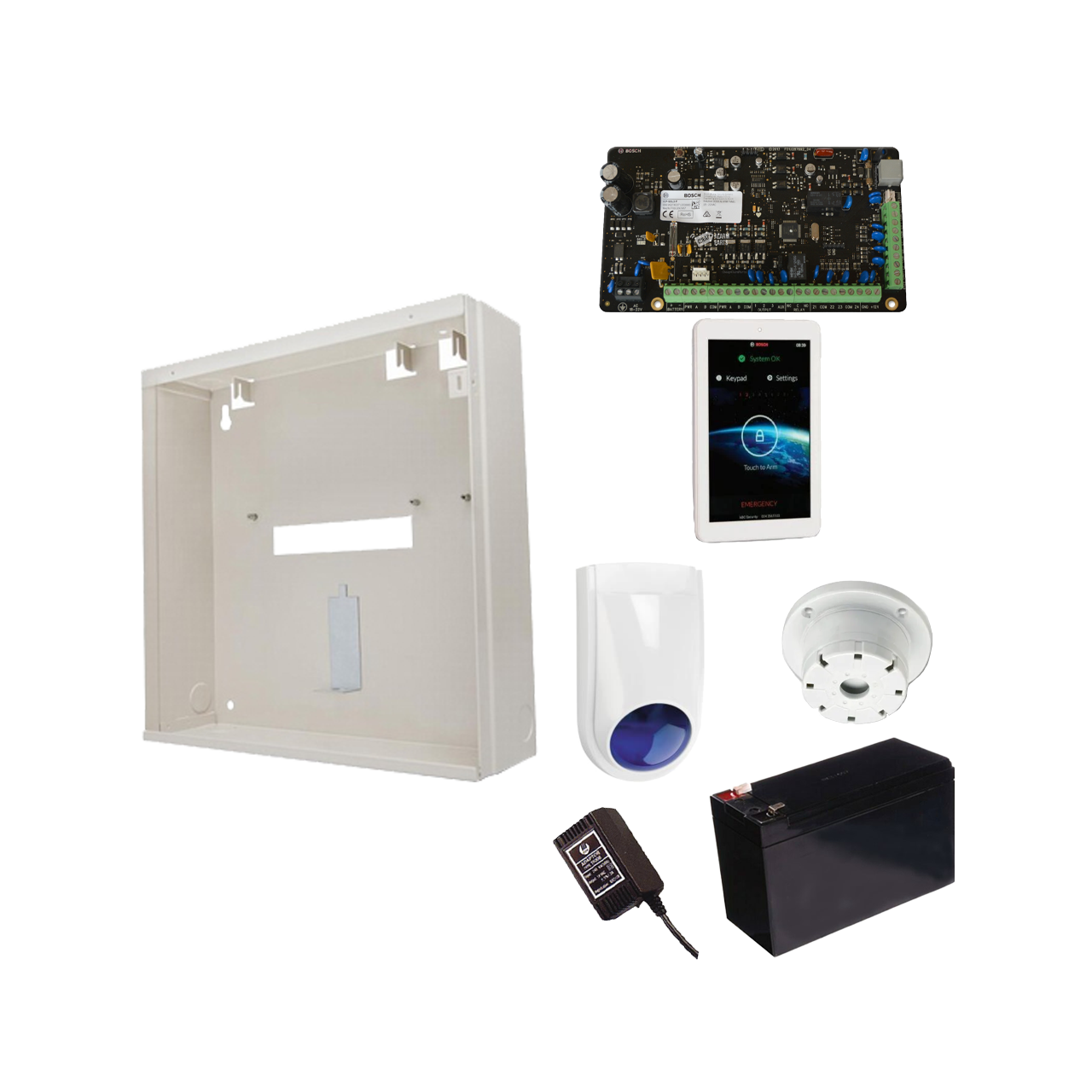 BOSCH 3000 HARDWIRED ALARM KIT INCLUDES 1x SOLUTION 3000 PCB 1x 7" TOUCHSCREEN 1x MW250 METAL ENCLOSURE 1x 12V7Ah BATTERY 1x 18VAC POWER SUPPLY 1x SLIMLINE STROBE/SIREN 1x SURFACE MOUNTED PIEZO NO PIR