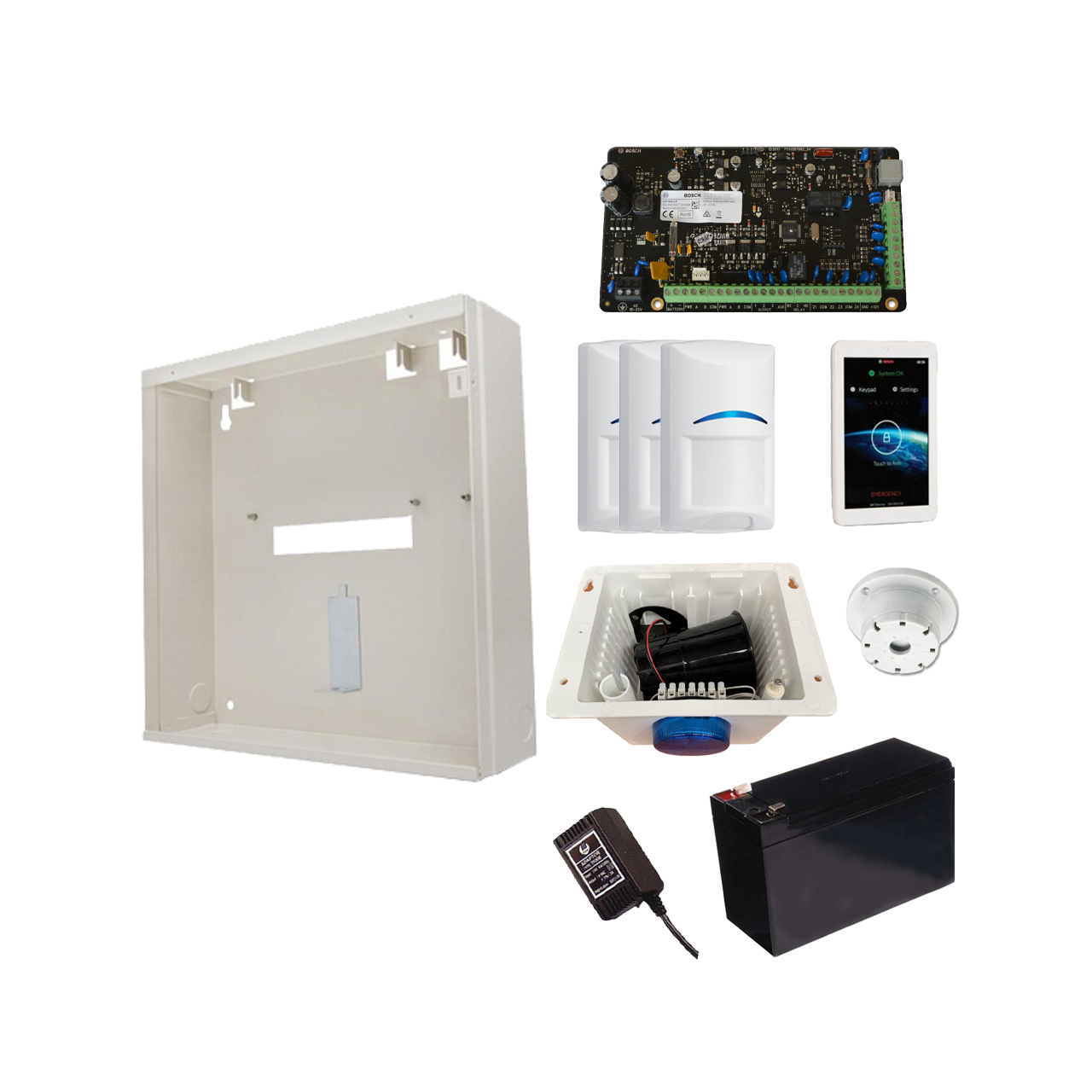 BOSCH 3000 HARDWIRED ALARM KIT INCLUDES 1x SOLUTION 3000 PCB 1x 7" TOUCHSCREEN 3x BLUE LINE PIRs 1x MW250 METAL ENCLOSURE 1x 12V7Ah BATTERY 1x 18VAC POWER SUPPLY 1x STROBE/SIREN/PIEZO
