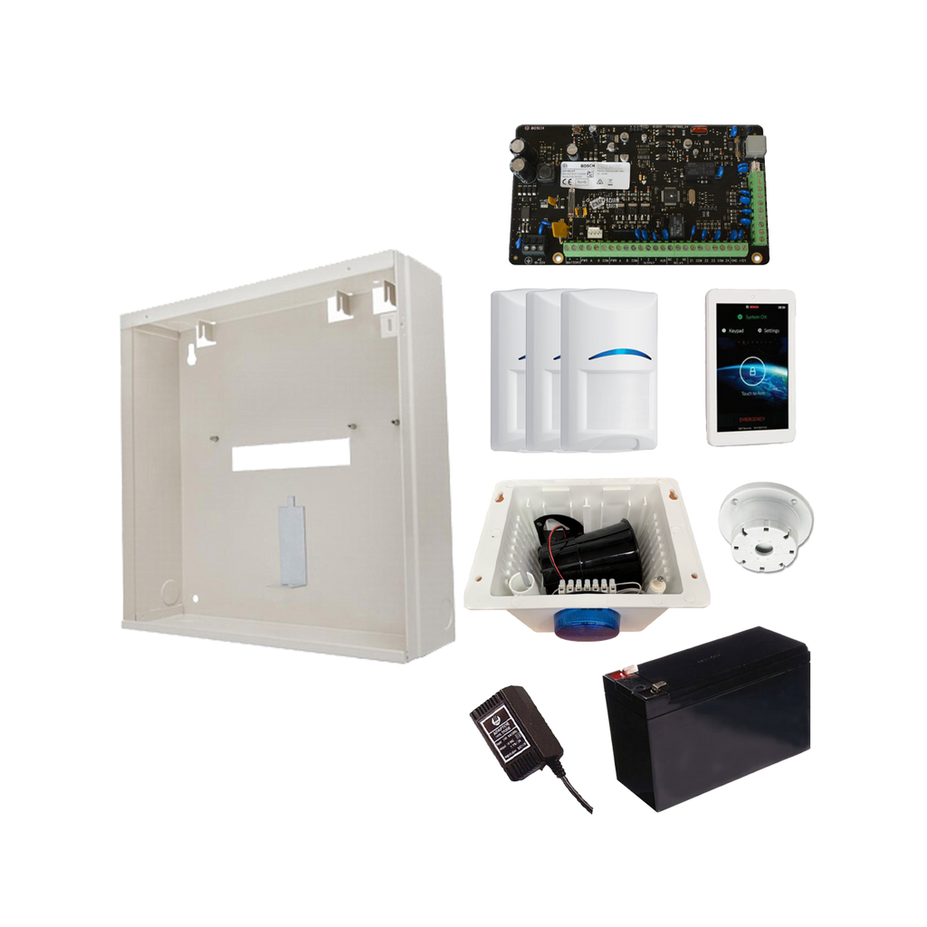 BOSCH 3000 HARDWIRED ALARM KIT INCLUDES 1x SOLUTION 3000 PCB 1x 7" TOUCHSCREEN 3x BLUE LINE PIRs 1x MW250 METAL ENCLOSURE 1x 12V7Ah BATTERY 1x 18VAC POWER SUPPLY 1x STROBE/SIREN/PIEZO