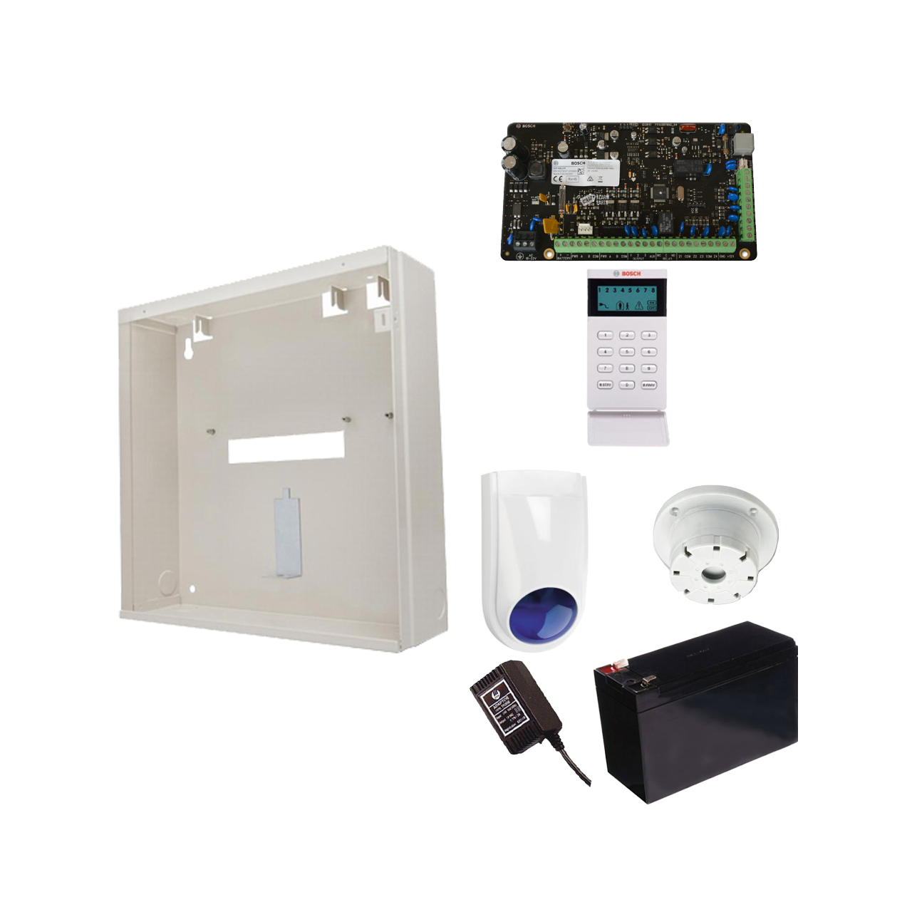 BOSCH 3000 HARDWIRED ALARM KIT INCLUDES 1x SOLUTION 3000 PCB 1x ICON KEYPAD 1x MW250 METAL ENCLOSURE 1x 12V7Ah BATTERY 1x 18VAC POWER SUPPLY 1x SLIMLINE STROBE/SIREN 1x SURFACE MOUNTED PIEZO NO PIR