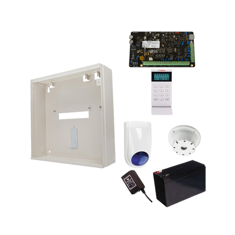 BOSCH 3000 HARDWIRED ALARM KIT INCLUDES 1x SOLUTION 3000 PCB 1x ICON KEYPAD 1x MW250 METAL ENCLOSURE 1x 12V7Ah BATTERY 1x 18VAC POWER SUPPLY 1x SLIMLINE STROBE/SIREN 1x SURFACE MOUNTED PIEZO NO PIR
