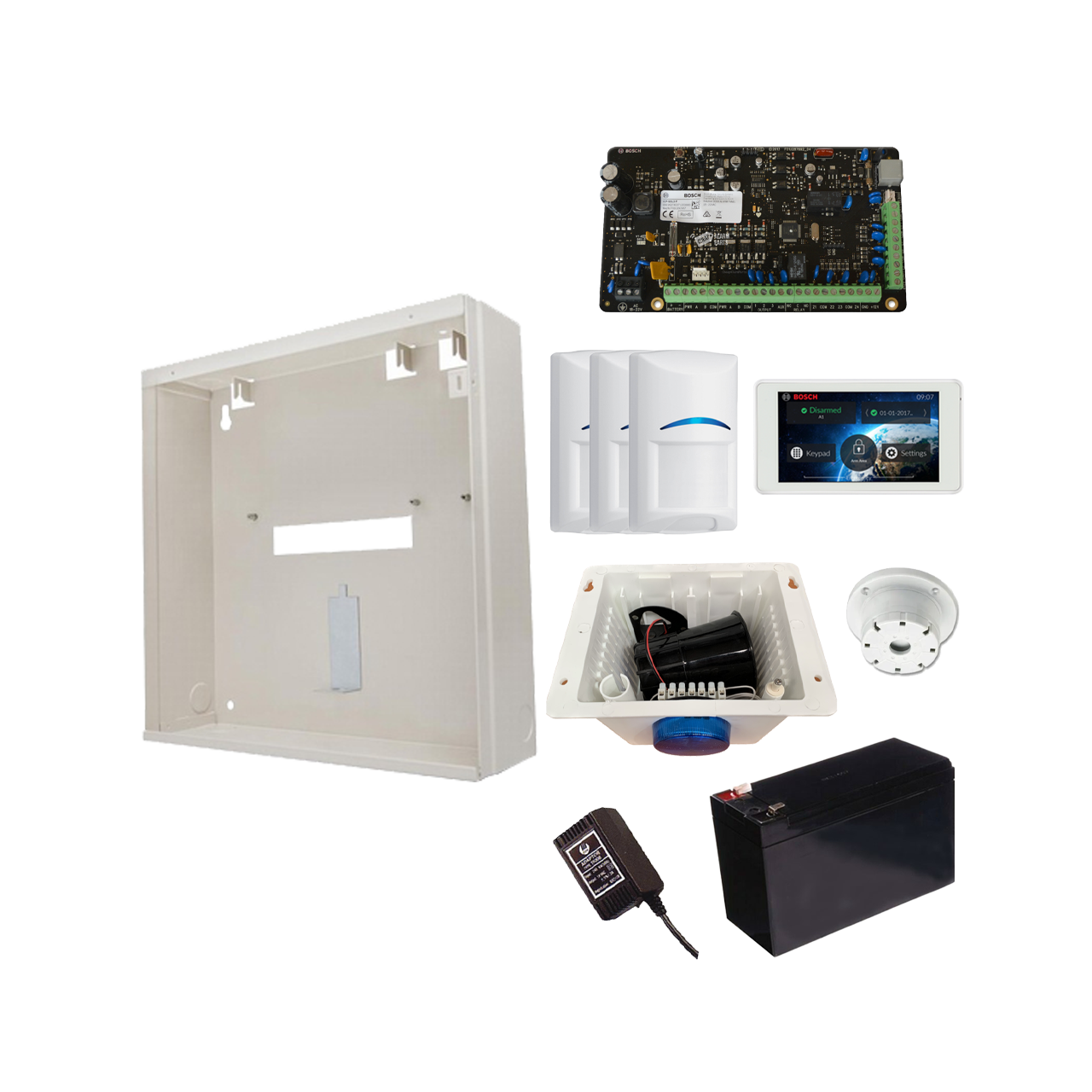 BOSCH 3000 HARDWIRED ALARM KIT INCLUDES 1x SOLUTION 3000 PCB 1x 5" TOUCHSCREEN 3x BLUE LINE PIRs 1x MW250 METAL ENCLOSURE 1x 12V7Ah BATTERY 1x 18VAC POWER SUPPLY 1x STROBE/SIREN/PIEZO