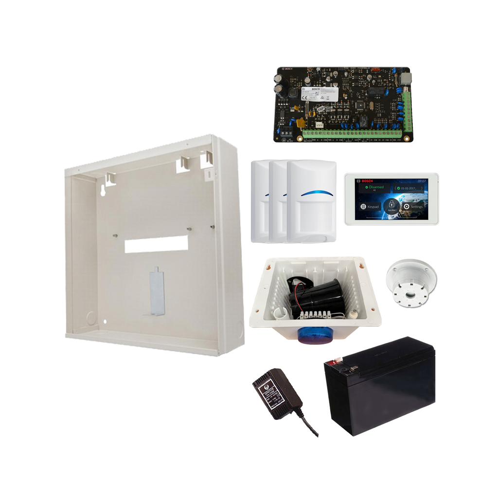 BOSCH 3000 HARDWIRED ALARM KIT INCLUDES 1x SOLUTION 3000 PCB 1x 5" TOUCHSCREEN 3x BLUE LINE PIRs 1x MW250 METAL ENCLOSURE 1x 12V7Ah BATTERY 1x 18VAC POWER SUPPLY 1x STROBE/SIREN/PIEZO